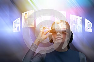 Composite image of close up of woman trying virtual reality simulator