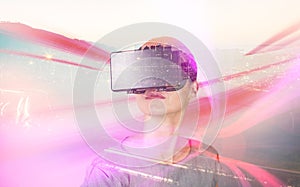 Composite image of close up of woman using virtual reality simulator
