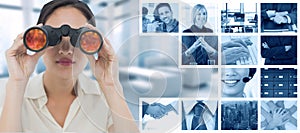 Composite image of closeup of a businesswoman looking through binoculars