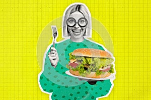 Composite image collage of happy girl hold fork plate burger meal eat fast food harmful unhealthy carbs fat isolated on