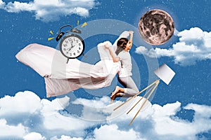 Composite image collage of happy little girl hold blanket bedding awake moon alarm lamp sleepwalker sky isolated on