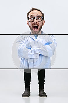 Composite image, collage with of young chemist, doctor shouting, screaming isolated on white background. Concept of photo