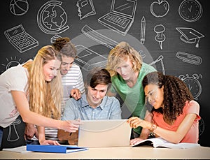 Composite image of college students using laptop in library