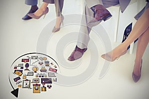 Composite image of composite image of arrow symbol with computer icons