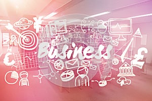 Composite image of composite image of business text surrounded with computer icons 3d