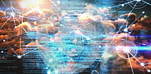 Composite image of composite image of interface connecting lines over orange clouds