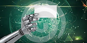 Composite image of composite image of robotic arm holding white placard 3d
