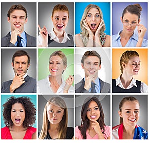 Composite image of composite image of upset brunette woman raising her arms