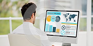 Composite image of computer graphic image of business presentation with charts and text photo