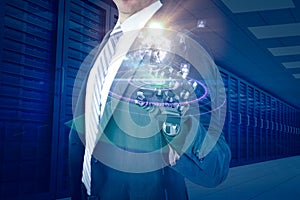 Composite image of computer graphic image of businessman with robotic hand 3d