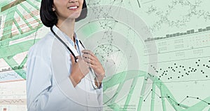 Composite image of confident doctor standing against grey background