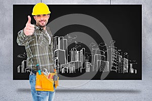 Composite image of confident manual worker gesturing thumb up