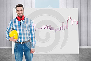 Composite image of confident manual worker with hardhat and ear muffs