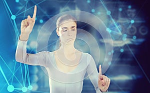 Composite image of confident woman gesturing