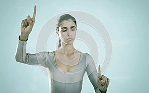Composite image of confident woman gesturing