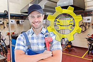 Composite image of confident young male repairman holding adjustable spanner