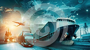 Composite image of a container ship, cargo plane, truck photo
