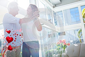 Composite image of couple dancing and valentines hearts 3d