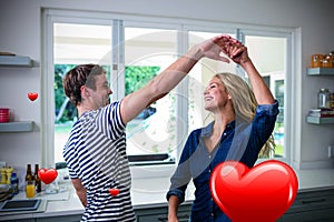 Composite image of couple dancing and valentines hearts 3d