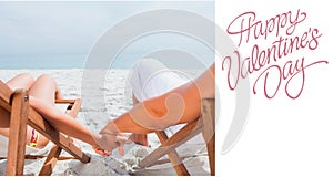 Composite image of couple resting on deck chairs