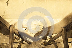 Composite image of couple resting on deck chairs