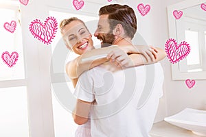 Composite image of couple and valentines hearts 3d