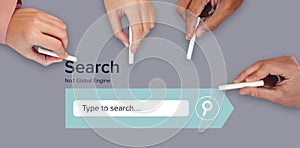 Composite image of cropped hands of people holding chalks