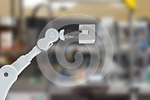 Composite image of cropped image of robotic hand holding cube 3d