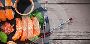 Composite image of cropped image of sushi served in plate