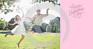 Composite image of cute couple jumping in the park together