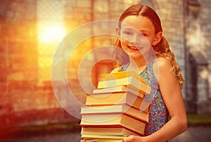 Composite image of cute little girl carrying books in library