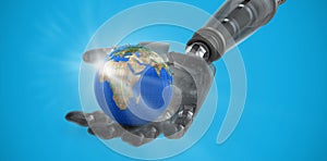 Composite image of cyborg hand against white screen