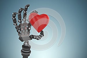 Composite image of 3d image of robot hand holding heard shape decoration