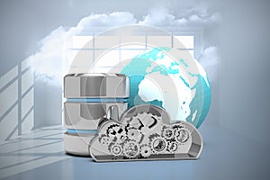 Composite image of database server icon with metallic cloud and earth