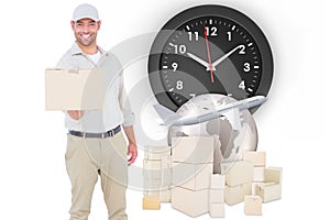 Composite image of delivery man giving package on white background