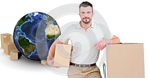 Composite image of delivery man with trolley of boxes