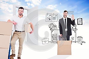 Composite image of delivery man with trolley of boxes