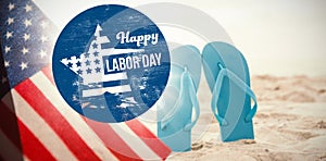 Composite image of digital composite image of happy labor day text on blue poster