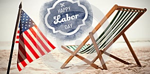 Composite image of digital composite image of happy labor day text with tools on blue poster