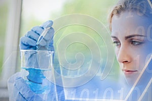 Composite image of digital image of hexagon shape with binary numbers on screen