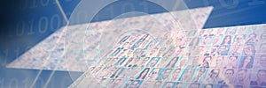 Composite image of digital image of hexagon shape with binary numbers on screen