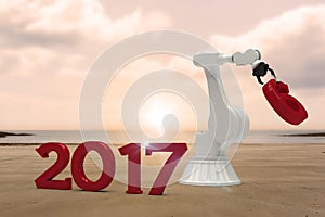 Composite image of digital image of robotic hand holding red number 3d