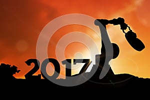 Composite image of digital image of robotic hand holding red number 3d