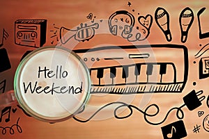 Composite image of digitally generated image of hello weekend text