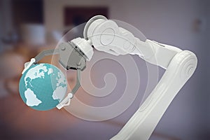 Composite image of digitally generated image of robot with globe 3d