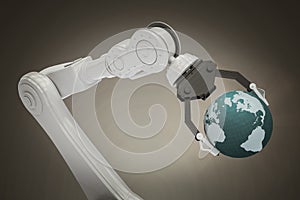 Composite image of digitally generated image of robot with globe 3d
