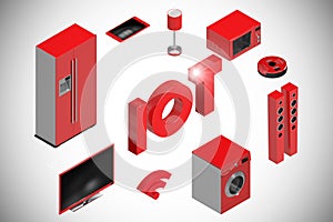 Composite image of digitally generated image of text and appliances icons 3d