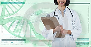 Composite image of doctor holding clipboard against grey background
