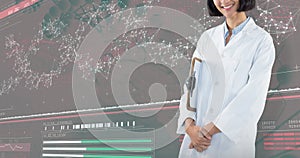 Composite image of doctor holding clipboard against white background