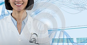 Composite image of doctor standing against grey background